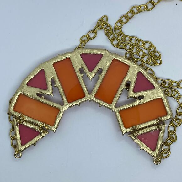 Gold-Tone Pink Orange Pendant Statement Necklace - Picture 8 of 8